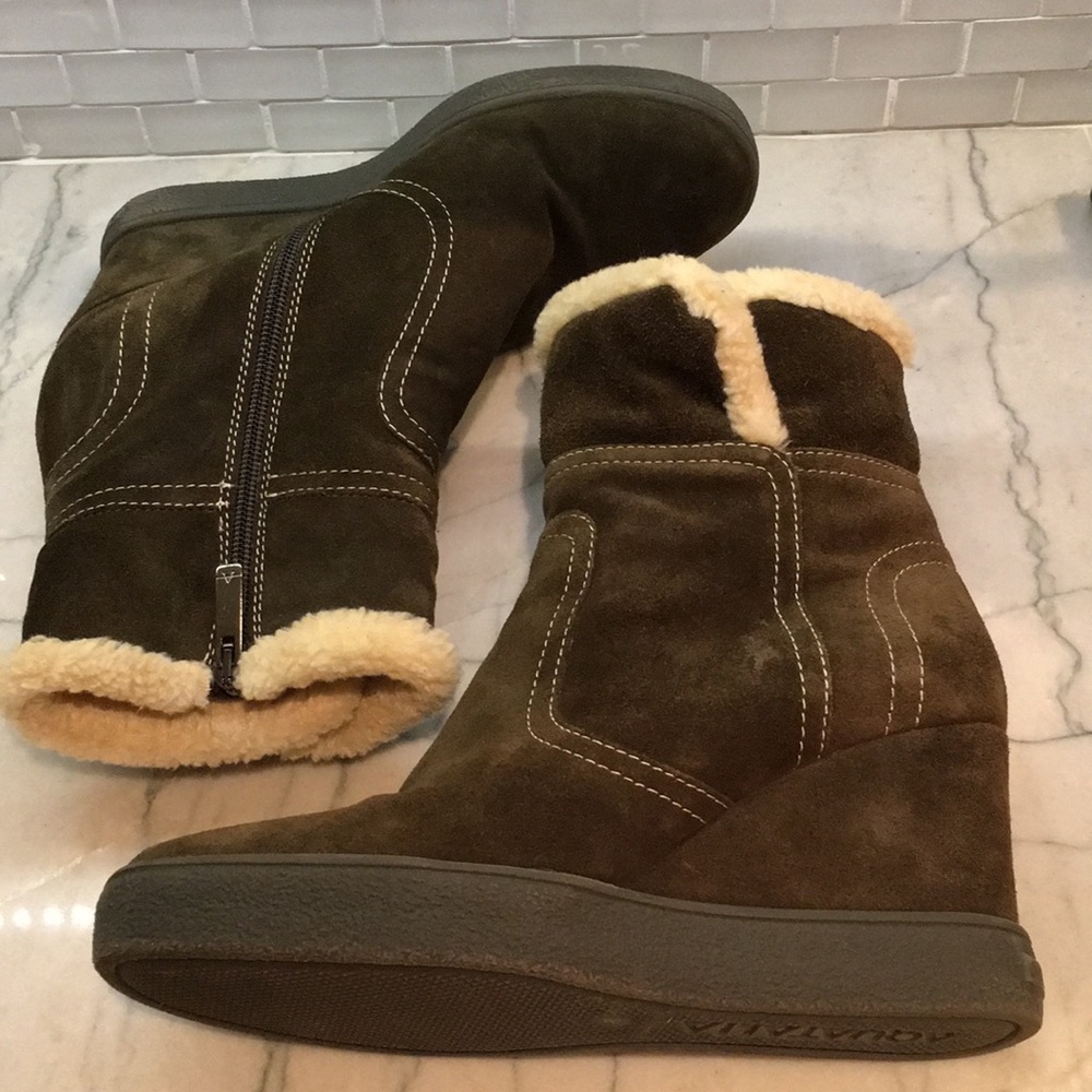 Aquatalia Suede Shearling Cindy Ankle Boots Dark Green 8